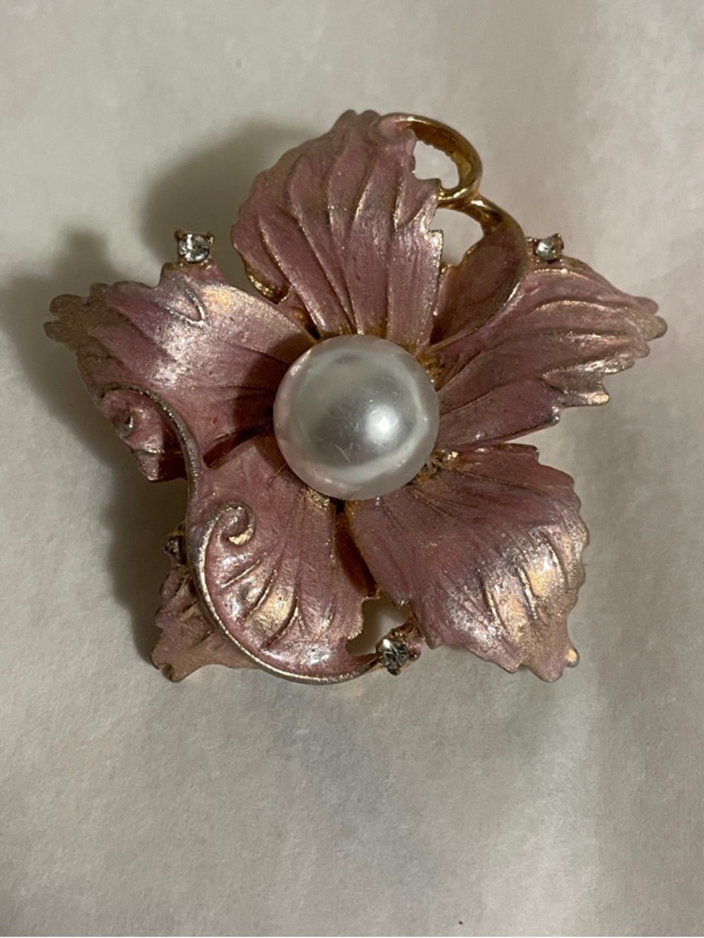 Pink Pearl-Center Floral Brooch with Gold Tone Accents